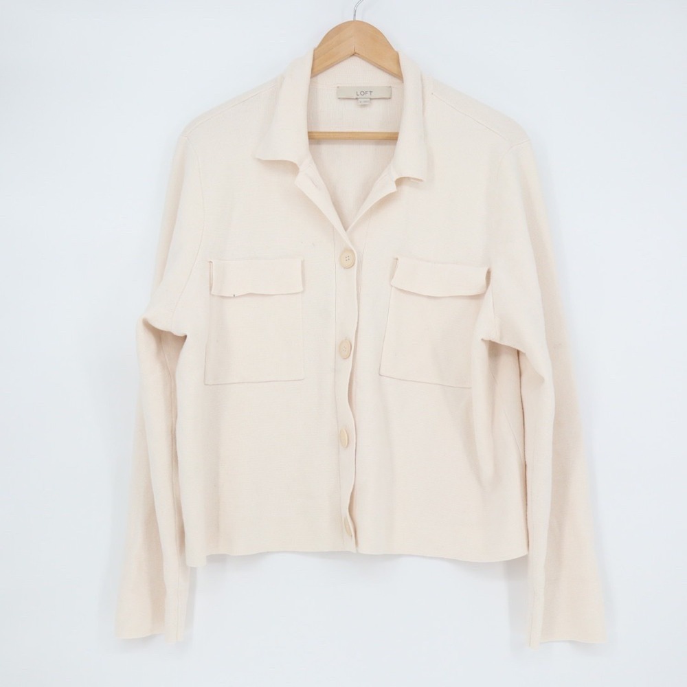 LOFT Cream Button Front Collared Sweater Knit Jac… - image 2